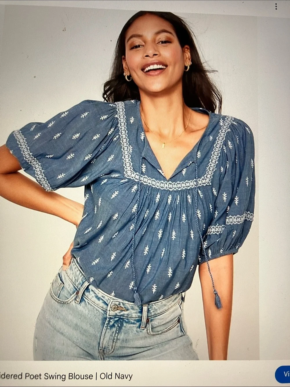 Old Navy Blue Embroidered Poet Peasant Blouse
